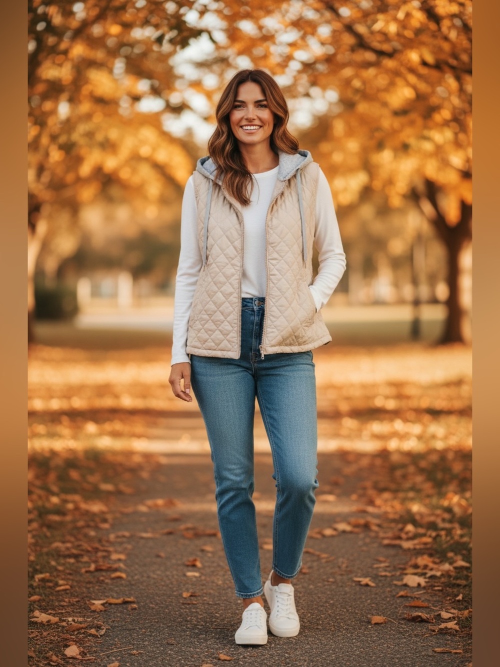 Love Quilted Hooded Vest in Beige and Gray